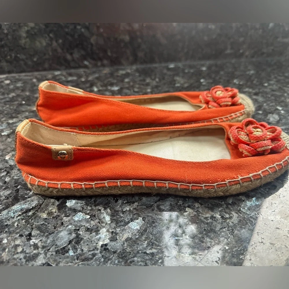 Etienne Aigner Orange Espadrille Flats with Floral Detail Leather Upper Size 6